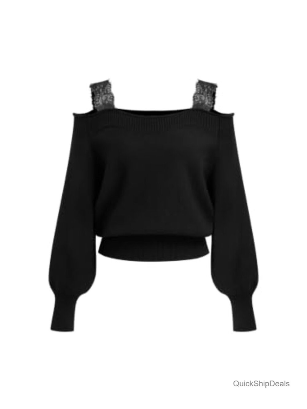 Off Shoulder Cropped Sweater with Lace Trim Long Sleeve Pullover